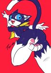  2019 anthro atlus bandanna black_body black_fur blue_eyes butt clothing domestic_cat felid feline felis fur gesture girly hi_res looking_back male mammal megami_tensei megami_tensei_persona morgana_(persona) open_mouth red_background simple_background smile solo teeth tequilademora tongue v_sign video_games 