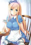  1girl alice_(wonderland) alice_in_wonderland apron bangs blonde_hair blue_eyes breasts cup emily_(pure_dream) eyebrows_visible_through_hair hairband large_breasts long_hair looking_at_viewer puffy_short_sleeves puffy_sleeves saucer short_sleeves sitting smile striped striped_legwear table teacup thighhighs underwear 