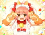  1girl animal_ear_fluff animal_ears apron backlighting bangs bare_shoulders bell bell_collar blush bow breasts cat_hair_ornament cat_paws cleavage collar confetti double_v emotional_engine_-_full_drive fangs fate/extra fate/grand_order fate_(series) fox_ears fox_girl gloves hair_between_eyes hair_bow hair_ornament hands_up jingle_bell kujiran large_breasts long_hair looking_at_viewer maid_headdress naked_apron open_mouth parody paw_gloves paws pink_hair ponytail red_bow solo sparkle star tamamo_(fate)_(all) tamamo_cat_(fate) v white_apron yellow_eyes 