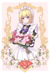  1girl absurdres apron black_dress blonde_hair dress drone_(fswingsk) flower frilled_apron frills highres holding holding_flower long_sleeves maid maid_apron maid_headdress puffy_long_sleeves puffy_sleeves short_hair shropshire_(steelblue_mirage) solo steelblue_mirage upper_body warship_girls_r white_apron 