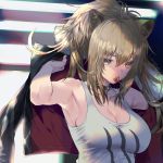  1girl animal_ears arknights armpits bare_shoulders black_jacket breasts brown_eyes brown_hair candy choker cleavage collarbone commentary_request food fur_collar hair_between_eyes high_ponytail jacket large_breasts lollipop ponytail sidelocks siege_(arknights) tooka white_tank_top 