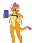  blue_eyes breasts cellphone clothed clothing clothing_lift cute_fangs dragon female friendship_is_magic genitals horn my_little_pony nipples orange_body orange_scales phone pia-sama pussy scales selfie shirt shirt_lift simple_background smolder_(mlp) solo spade_tail topwear wings 