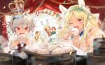  2girls 4boys anger_vein animal_ears blonde_hair carrying casatta_(food_fantasy) detached_sleeves dress dumpling eating eggnog_(food_fantasy) food food_fantasy grey_hair hat highres long_hair mouse_ears multiple_boys multiple_girls official_art pizza_(food_fantasy) red_eyes red_hair rice_(food_fantasy) rice_hair_ornament scar short_hair smile tiara turkey_(food_fantasy) white_hair 