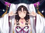  1girl bangs bare_shoulders black_hair blush breasts chest_tattoo cleavage closed_mouth collarbone double_v dress emotional_engine_-_full_drive facial_mark fate/extra fate/extra_ccc fate/grand_order fate_(series) forehead_mark hands_up highres horn_ornament horn_ring horns large_breasts long_hair long_sleeves looking_at_viewer maru_(maru1625) one_eye_closed parody revealing_clothes sesshouin_kiara smile solo sparkle tattoo v veil wavy_hair white_dress wide_sleeves yellow_eyes 