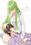  1boy 1girl bangs brown_hair c.c. character_name closed_eyes closed_mouth code_geass collared_shirt creayus dated english_text eyebrows_visible_through_hair facing_viewer fingernails green_hair grey_hair happy_birthday lap_pillow lelouch_lamperouge long_hair long_sleeves lying on_back purple_eyes purple_shirt shirt simple_background sitting smile white_background white_shirt wing_collar 