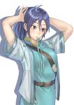  adjusting_hair ahoge arms_behind_head arms_up blue_eyes blue_hair breasts closed_mouth eyebrows_visible_through_hair fir_(fire_emblem) fire_emblem highres kilye_4421 large_breasts long_hair looking_away mouth_hold ponytail short_sleeves simple_background white_background 
