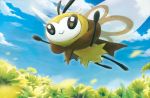 blue_sky closed_mouth cloud cloudy_sky creature flower flying full_body gen_7_pokemon happy hasuno_(poketcg) no_humans official_art open_arms outdoors pokemon pokemon_(creature) pokemon_trading_card_game ribombee sky smile solo third-party_source 