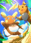  alolan_and_normal alolan_raichu blue_eyes blue_sky closed_mouth cloud commentary_request creature day gen_1_pokemon gen_7_pokemon happy jumping looking_at_viewer multiple_sources no_humans ocean otsumami_(bu-bu-heaven) pokemon pokemon_(creature) pokemon_trading_card_game raichu sky smile water 