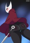  arthropod big_butt black_body blush bottomless butt cloak clothed clothing female genitals hi_res hollow_knight hornet_(hollow_knight) insect laundrymom looking_at_viewer looking_back pussy solo standing team_cherry vessel_(species) video_games 