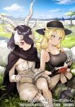 2girls antelope_ears antelope_horns bare_shoulders black_cape black_gloves black_hair black_headwear black_shirt blackbuck_(kemono_friends) blonde_hair blue_eyes bow bowtie calenda_(kemono_friends_3) camouflage camouflage_pants cape clothes_around_waist commentary_request detached_sleeves eyebrows_visible_through_hair fingerless_gloves frilled_shorts frills gloves hair_over_one_eye hair_tie hat hat_feather kemono_friends kemono_friends_3 koruse long_hair multicolored_hair multiple_girls official_art pants reading red_eyes shirt short_hair shorts sitting sleeveless sweater_around_waist tank_top thigh_pouch translation_request white_gloves white_hair white_neckwear white_shirt white_shorts 