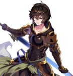  1boy ahoge armor brown_hair fingerless_gloves gloves granblue_fantasy highres hood hood_down looking_at_viewer makita_(homosapiensu) male_focus open_mouth pantyhose red_eyes sandalphon_(granblue_fantasy) short_hair smile solo 