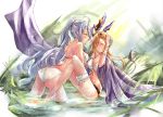  2girls absurdres ahoge bikini_bottom bikini_top blush breasts brown_hair cleavage closed_eyes cocoka colorized commentary_request granblue_fantasy grin hair_ornament hand_on_another&#039;s_shoulder highres long_hair multiple_girls ponytail silva_(granblue_fantasy) silver_hair smile song_(granblue_fantasy) swimsuit thigh_strap very_long_hair water wet wrist_straps yellow_eyes yuri 