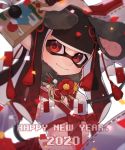  1girl 2020 animal_ears arm_up bangs black_hair blunt_bangs chinese_zodiac closed_mouth commentary crop_top detached_sleeves domino_mask ema english_commentary english_text fake_animal_ears fake_tail flower fur_collar gradient_hair happy_new_year highres holding inkling long_hair looking_at_viewer mask mouse_ears mouse_tail multicolored_hair new_year nontraditional_miko pointy_ears prat_rat red_eyes red_hair red_skirt skirt smile solo sparkle splatoon_(series) tail tentacle_hair upper_body white_sleeves year_of_the_rat 
