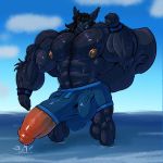  1:1 anthro balls big_balls big_muscles big_penis black_body black_fur black_hair bobert bodily_fluids boxers_(clothing) bracelet clothing cloud cum day ejaculation erection flexing fur genital_fluids genitals hair hi_res huge_balls huge_muscles huge_penis hyper hyper_balls hyper_genitalia hyper_muscles hyper_penis jewelry looking_at_viewer male mammal muscular nipples partially_submerged penis rodent sciurid sky smile underwear vincent_(bobert) 