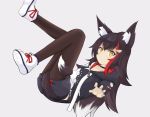  1girl animal_ears black_hair black_legwear claw_pose full_body hololive hood hood_down hoodie long_hair long_sleeves multicolored_hair ookami_mio pantyhose red_hair short_shorts shorts streaked_hair suika_(suica_icesoda) tail virtual_youtuber white_hair wolf_ears wolf_tail yellow_eyes 