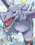  2014 aerodactyl cloud digital_media_(artwork) digital_painting_(artwork) flying fossil_pok&eacute;mon green_eyes level5pencil nintendo open_mouth open_smile pok&eacute;mon pok&eacute;mon_(species) sky smile snout solo sun teeth tongue video_games wings 