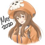  1girl breasts brown_hair character_name cleavage guilty_gear guilty_gear_strive hood hood_down long_hair looking_at_viewer may_(guilty_gear) medium_breasts open_mouth orange_eyes orange_headwear orange_hoodie skull_and_crossbones smile solo upper_body valthazeryus 