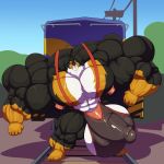  1:1 5_fingers 5_toes anthro balls bernese_mountain_dog big_balls big_muscles big_penis bobert canid canine canis clothing day domestic_dog erection fingers genitals grin hi_res huge_balls huge_muscles huge_penis hyper hyper_balls hyper_genitalia hyper_muscles hyper_penis jacob_(iron99) looking_at_viewer male mammal molosser mountain_dog muscular nipples penis smile swiss_mountain_dog toes train train_pulling underwear vehicle 