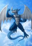  2020 anthro black_eyes blue_background blue_body blue_scales claws cloud digimon digimon_(species) digital_media_(artwork) dragon exveemon horn long_tail male markings moire_(artist) muscular red_eyes reptile scales scalie signature simple_background smile solo spikes teeth toe_claws white_body wings 