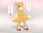 &lt;3 2020 alonwoof anthro backsack balls blue_eyes butt canid canine casual_nudity clothing digital_media_(artwork) footwear fox fur genitals hi_res japanese_text legwear looking_at_viewer male mammal miles_prower multi_tail nude open_mouth shoes simple_background smile socks solo sonic_the_hedgehog_(series) text video_games white_body white_fur yellow_body yellow_fur young 