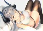  1girl arknights artist_request blush breasts brown_eyes cleavage closed_mouth grey_hair highres horns liskarm_(arknights) long_hair looking_at_viewer solo tagme tail tank_top thighhighs white_tank_top 