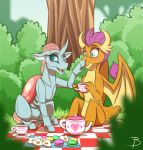  2020 arthropod beverage blush boop cake changeling cup dragon dragon_wings duo fangs female female/female food friendship_is_magic horn insect_wings inuhoshi-to-darkpen macaroon macaroons my_little_pony nose_boop ocellus_(mlp) picnic sitting smolder_(mlp) tea tea_cup wings 