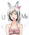  1girl animal_ears bangs black_hair black_stripes blush bow bow_bra bra breasts cleavage commentary crossed_arms furrowed_eyebrows green_eyes hair_bow highres marker_(medium) mashima_chloe medium_hair motion_lines multicolored_hair murenase!_shiiton_gakuen open_mouth pink_bow pink_bra pink_stripes ponytail potekite short_hair simple_background solo striped striped_bra traditional_media translated two-tone_hair underwear upper_body white_background white_bra white_hair white_stripes 