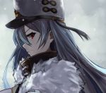  1girl azur_lane breasts closed_mouth coat fur-trimmed_coat fur_trim gradient gradient_background hat high_collar long_hair looking_at_viewer marshall2033 military_hat mole mole_under_eye red_eyes silver_hair snowing solo sovetskaya_rossiya_(azur_lane) white_headwear 