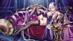  1girl ahoge bangs bare_shoulders black_legwear black_panties blush bottle breasts bridal_gauntlets cleavage closed_mouth collarbone couch dress fate/grand_order fate_(series) flower hair_between_eyes hair_flower hair_ornament high_heels highres jeanne_d&#039;arc_(alter)_(fate) jeanne_d&#039;arc_(fate)_(all) jewelry knee_up large_breasts legs long_hair looking_at_viewer necklace panties phone pupupu_(1053378452) purple_dress purple_footwear sideboob silver_hair solo sword thighhighs thighs underwear weapon yellow_eyes 