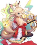  1girl animal_ear_fluff animal_ears bare_shoulders black_legwear blonde_hair blue_eyes blush breasts electricity eyebrows_visible_through_hair fang fox_ears fox_tail hair_flaps highres inaho_(world_flipper) looking_back medium_breasts medium_hair multiple_tails one_eye_closed open_mouth pantyhose rope shimenawa sideboob sitting smile solo staff tail wariza world_flipper 