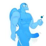  1:1 2020 alpha_channel anthro beak bodily_fluids dc_comics digital_media_(artwork) dr.manhattan_(character) earth english_text flaccid genital_fluids genitals glowing male moon muscular muscular_male notkastar nude penis precum signature silver_quill_(character) simple_background smile solo star text transparent_background 