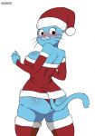  anthro big_breasts big_butt blue_body blue_fur breasts butt cartoon_network christmas clothed clothing domestic_cat felid feline felis female fur hi_res holidays laundrymom looking_back mammal mature_female nicole_watterson simple_background solo standing the_amazing_world_of_gumball thick_thighs white_background wide_hips 