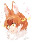  1girl animal_ears bangs brown_hair commentary_request dated dhole_(kemono_friends) dog_ears extra_ears eyebrows_visible_through_hair eyes_visible_through_hair fur_collar hair_between_eyes hair_flaps happa_(cloverppd) highres kemono_friends looking_away multicolored_hair portrait short_hair signature simple_background smile solo two-tone_hair white_background white_hair yellow_eyes 