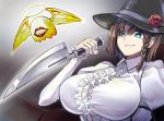  1girl blue_eyes braid breasts brown_hair charlotte_corday_(fate/grand_order) fate/grand_order fate_(series) frills grin halo hat holding holding_knife knife large_breasts monster short_hair smile taichi wings 