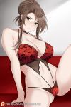  1girl aslindsamure bangs banned_artist bare_shoulders blush bra braid breasts brown_hair choker cleavage closed_mouth collarbone french_braid girls_frontline green_eyes hair_bun highres knee_up large_breasts leaning_back lee-enfield_(girls_frontline) long_hair looking_at_viewer navel panties red_bra red_panties sidelocks sitting solo swept_bangs thighs underwear 