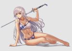  1girl bra breasts brilliant_naraku character_request cleavage collarbone fate_(series) grey_background highres long_hair looking_at_viewer original over_shoulder panties red_eyes silver_hair simple_background sitting sitting_on_lap sitting_on_person solo sword tattoo tight underwear weapon weapon_over_shoulder 