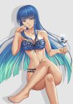  1girl blue_eyes blue_hair bow bra breasts brilliant_naraku character_request cleavage collarbone crossed_legs fate_(series) grey_background hair_bow hand_on_head highres long_hair looking_at_viewer original simple_background solo tagme thighs toes underwear 