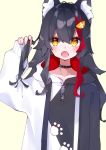  1girl :o animal_ear_fluff animal_ears aoiro_0w0 black_hair fang highres hololive hood hood_down hoodie long_hair long_sleeves multicolored_hair ookami_mio red_hair skin_fang sleeves_past_wrists streaked_hair virtual_youtuber wolf_ears 