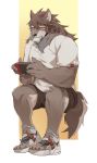  2020 5_fingers anthro athletic athletic_male biped bottomwear brown_body brown_fur brown_hair canid canine canis clothed clothing fingers fur hachi_duchi hair hi_res humanoid_hands male mammal multicolored_body multicolored_fur nintendo nintendo_switch solo temujin tokyo_afterschool_summoners topwear two_tone_body two_tone_fur video_games wolf yellow_eyes 