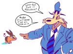  2019 anthro canid canine clothed clothing dialogue english_text feral gesture herdier looking_at_viewer mammal necktie nintendo pointing pok&eacute;mon pok&eacute;mon_(species) quadruped sam_and_max samuel_dog shadow simple_background speech_bubble suid suina talking_to_viewer tepig text velvetyf video_games white_background 