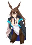  1girl amiya_(arknights) animal_ears arknights bangs black_jacket black_legwear black_neckwear blue_eyes blush breasts brown_hair bunny_ears bunnysuit collarbone commentary_request covered_navel cowboy_shot cropped_legs detached_collar eyebrows_visible_through_hair hair_between_eyes jacket leotard long_hair long_sleeves looking_at_viewer necktie open_clothes open_jacket pantyhose shuugetsu_karasu sidelocks simple_background small_breasts solo standing strapless strapless_leotard thighs white_background white_leotard 