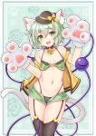  1girl animal_ear_fluff animal_ears bare_shoulders bell bell_collar black_collar black_headwear black_legwear black_panties blush bra breasts bushi_(1622035441) cat_ears cat_tail collar collarbone cowboy_shot floral_background garter_straps green_background green_bra green_eyes green_hair green_skirt hair_between_eyes halterneck hat hat_ribbon head_tilt heart highleg highleg_panties highres jacket jingle_bell kemonomimi_mode komeiji_koishi looking_at_viewer microskirt mini_hat navel off_shoulder open_clothes open_jacket open_mouth outline panties paws ribbon short_hair skirt small_breasts smile solo standing stomach tail thighhighs third_eye touhou underwear yellow_jacket yellow_ribbon 