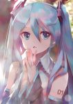  1girl aqua_eyes aqua_hair aqua_neckwear bare_shoulders black_sleeves blurry bokeh commentary depth_of_field detached_sleeves grey_shirt hair_ornament hands_together hands_up hatsune_miku highres long_hair looking_to_the_side necktie open_mouth shirt shoulder_tattoo sleeveless sleeveless_shirt solo sunlight takepon1123 tattoo twintails upper_body very_long_hair vocaloid 