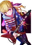  1girl alternate_costume alternate_hairstyle american_flag_hoodie bangs blush clownpiece crescent crescent_earrings drawstring earrings electric_guitar facial_mark grin guitar hair_ribbon highres hood hoodie instrument iru_(konoheyaniou) jewelry long_hair long_sleeves looking_at_viewer music no_headwear pants pink_eyes pink_ribbon playing_instrument polka_dot_ribbon ribbon smile solo standing torn_clothes torn_pants touhou 