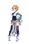  1girl :o ascot black_legwear blue_eyes boots breasts brooch disgaea disgaea_rpg earrings full_body hand_on_hip jewelry large_breasts light_brown_hair long_sleeves looking_at_viewer magic_knight_(disgaea) official_art pelvic_curtain pointy_ears short_hair solo standing stud_earrings thighhighs transparent_background turtleneck white_footwear 