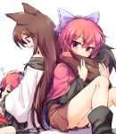  2girls animal_ears black_footwear black_shirt blue_bow boots bow brown_hair brown_skirt cloak commentary_request covered_mouth disembodied_head dress fang hair_bow imaizumi_kagerou isu_(is88) knees_up long_hair long_sleeves miniskirt multiple_girls open_mouth red_eyes red_hair sekibanki shirt short_hair simple_background sitting skin_fang skirt sleeping smile tail touhou white_background white_dress wolf_ears wolf_tail 