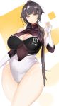  1girl absurdres alternate_costume azur_lane bangs bare_shoulders black_hair breasts bridal_gauntlets cleavage cleavage_cutout cowboy_shot curvy detached_sleeves eyebrows_visible_through_hair fafas68 hair_flaps hair_ribbon high_collar high_ponytail highres large_breasts leotard long_hair looking_at_viewer multicolored_leotard ponytail race_queen ribbon takao_(azur_lane) thick_thighs thighs underboob_cutout white_ribbon wide_hips 