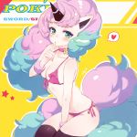  1girl animal_ears aqua_hair bikini black_legwear blue_eyes blush breasts choker collarbone copyright_name eyebrows_visible_through_hair finger_to_mouth frilled_bikini frills galarian_form galarian_ponyta gen_8_pokemon heart highres horn index_finger_raised jiujiuyatou_(yayanzz) long_hair looking_at_viewer medium_breasts multicolored_hair personification pink_bikini pink_choker pink_hair pokemon pokemon_(game) pokemon_swsh side-tie_bikini sitting solo spoken_heart swimsuit tail thighhighs thighs two-tone_hair 