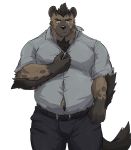  2020 absurd_res anthro belly bodily_fluids bottomwear clothing hi_res humanoid_hands hyaenid kemono male mammal overweight overweight_male pants shirt simple_background solo sweat topwear warr white_background 