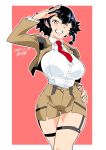  1girl ;) absurdres artist_name ass_visible_through_thighs bangs black_hair blazer braid breasts brown_eyes brown_jacket brown_shirt casual commentary cowboy_shot dated dress_shirt girls_und_panzer grin hand_on_hip highres jacket large_breasts long_sleeves looking_at_viewer necktie one_eye_closed outline pepperoni_(girls_und_panzer) red_background red_neckwear salute shinkuukan_(tetsuo3) shirt short_hair short_shorts shorts side_braid signature smile solo standing thigh_gap thigh_strap white_outline white_shirt wing_collar 